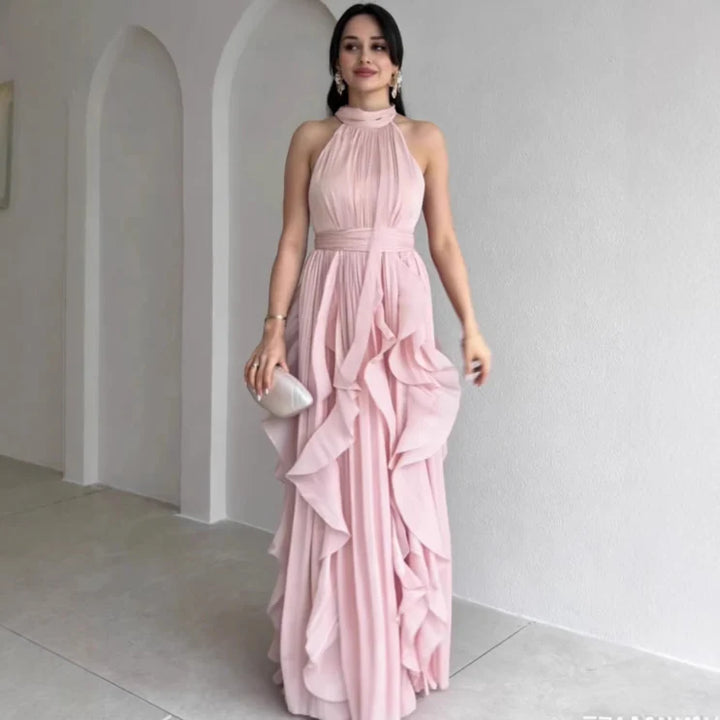 Orea High Neck Gathered Ruffle Layers Maxi Dress | Elegant Ruffle Layers, High Neck, Gathered Design Maxi Dress