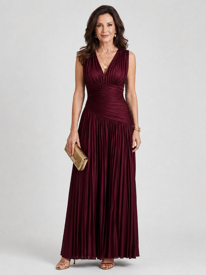 Lemar - Sleeveless Pleated V Neck Midi Dress | Elegant, Feminine, Flattering Midi Dress