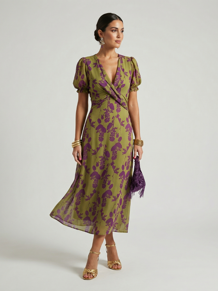 Virel Relaxed Floral Midi Dress - Floral Print, Relaxed Fit, Three Quarter Sleeve Midi Dress
