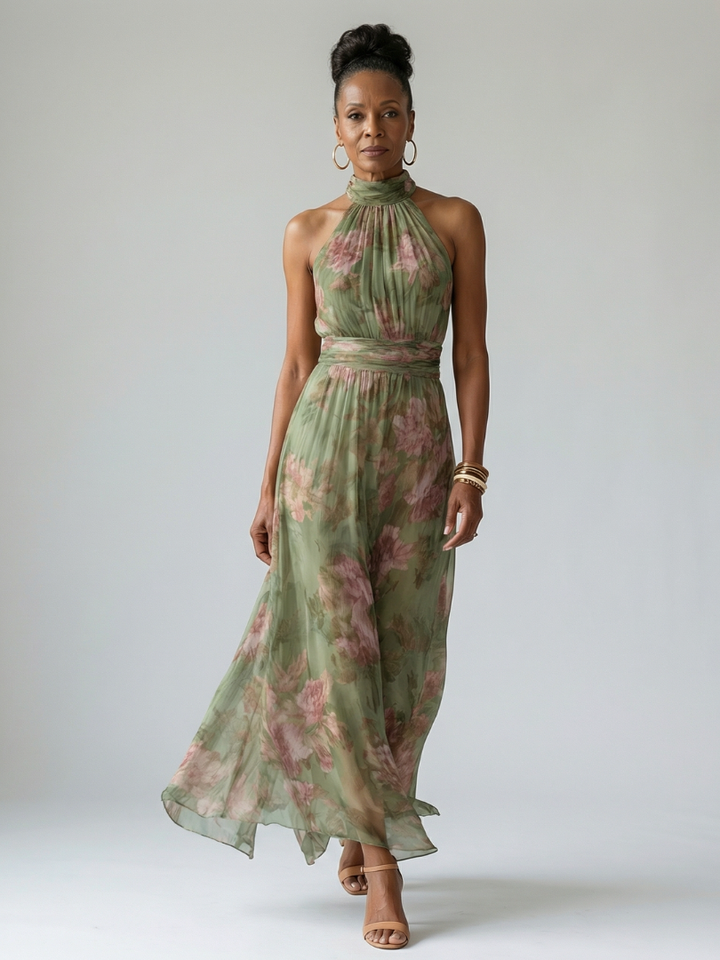 Mirelle | Gathered Halter Three Quarter Midi Dress