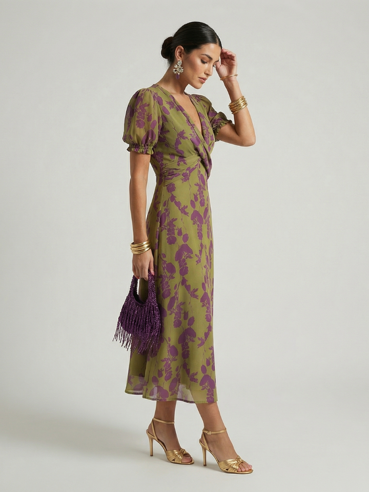 Virel Relaxed Floral Midi Dress - Floral Print, Relaxed Fit, Three Quarter Sleeve Midi Dress
