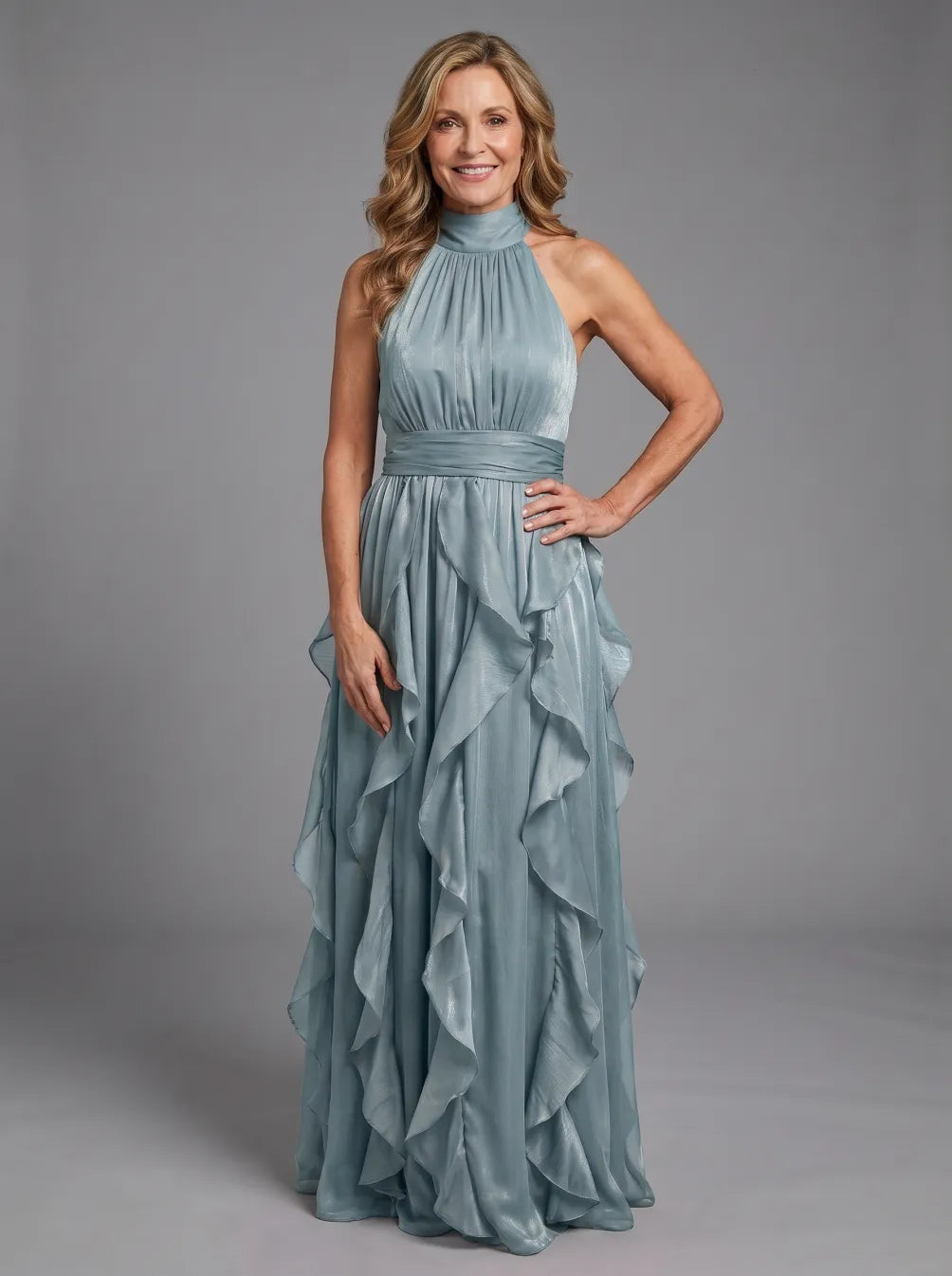 Orea High Neck Gathered Ruffle Layers Maxi Dress | Elegant Ruffle Layers, High Neck, Gathered Design Maxi Dress