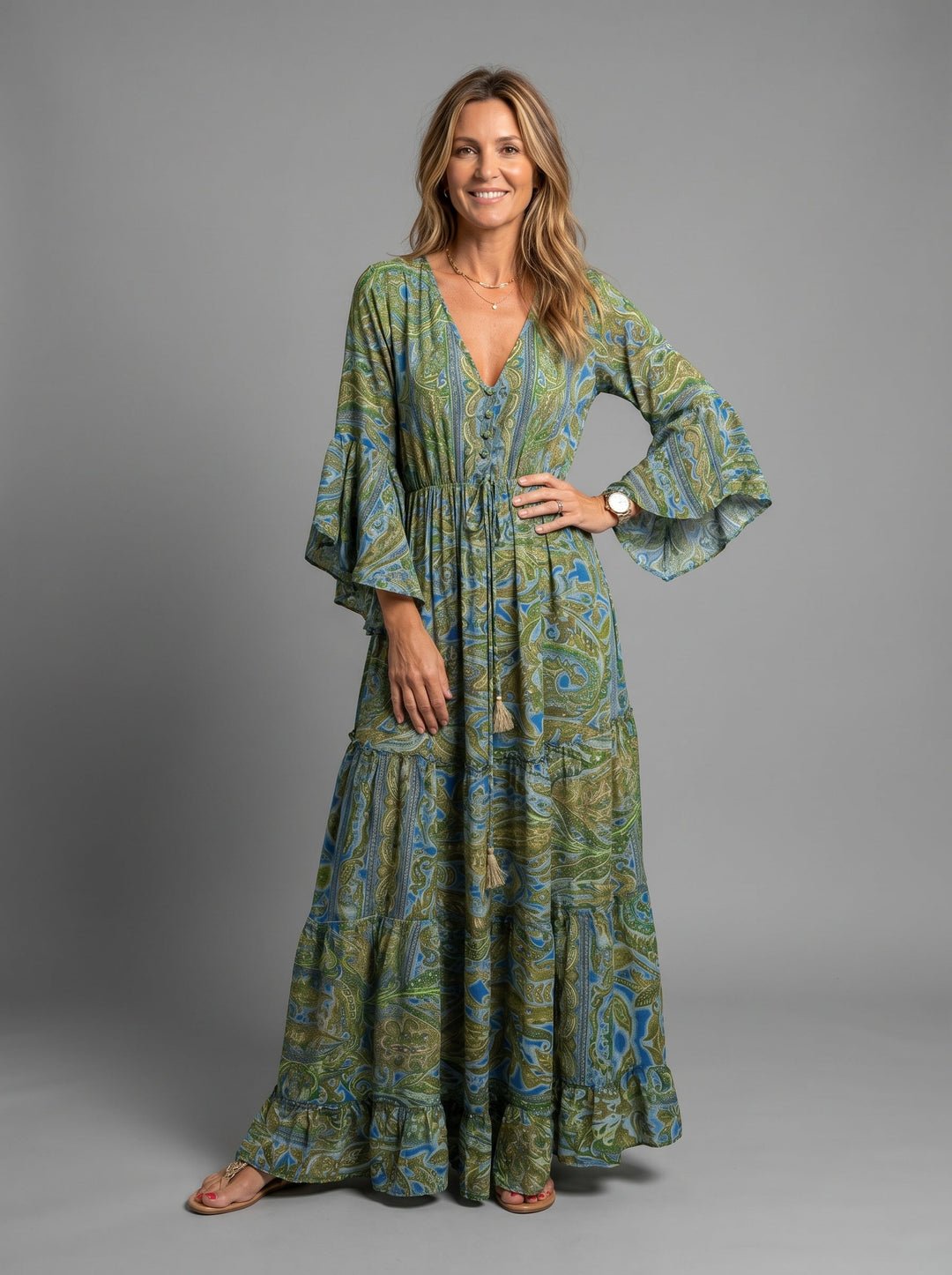 Melody | Floral Print Three Quarter Sleeve Maxi Dress
