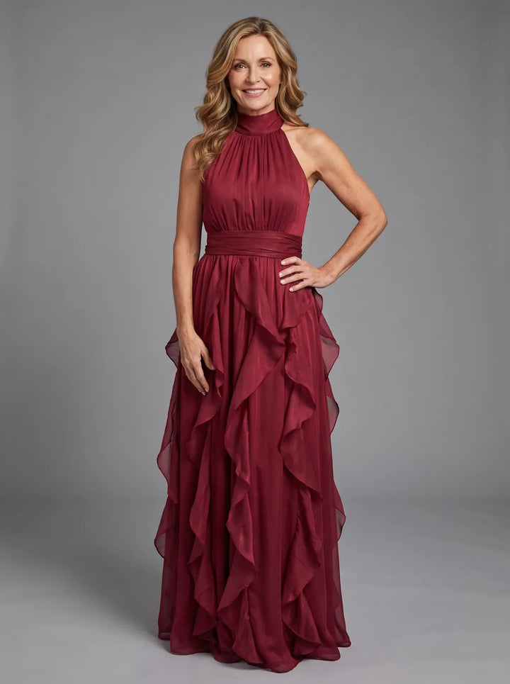 Orea High Neck Gathered Ruffle Layers Maxi Dress | Elegant Ruffle Layers, High Neck, Gathered Design Maxi Dress