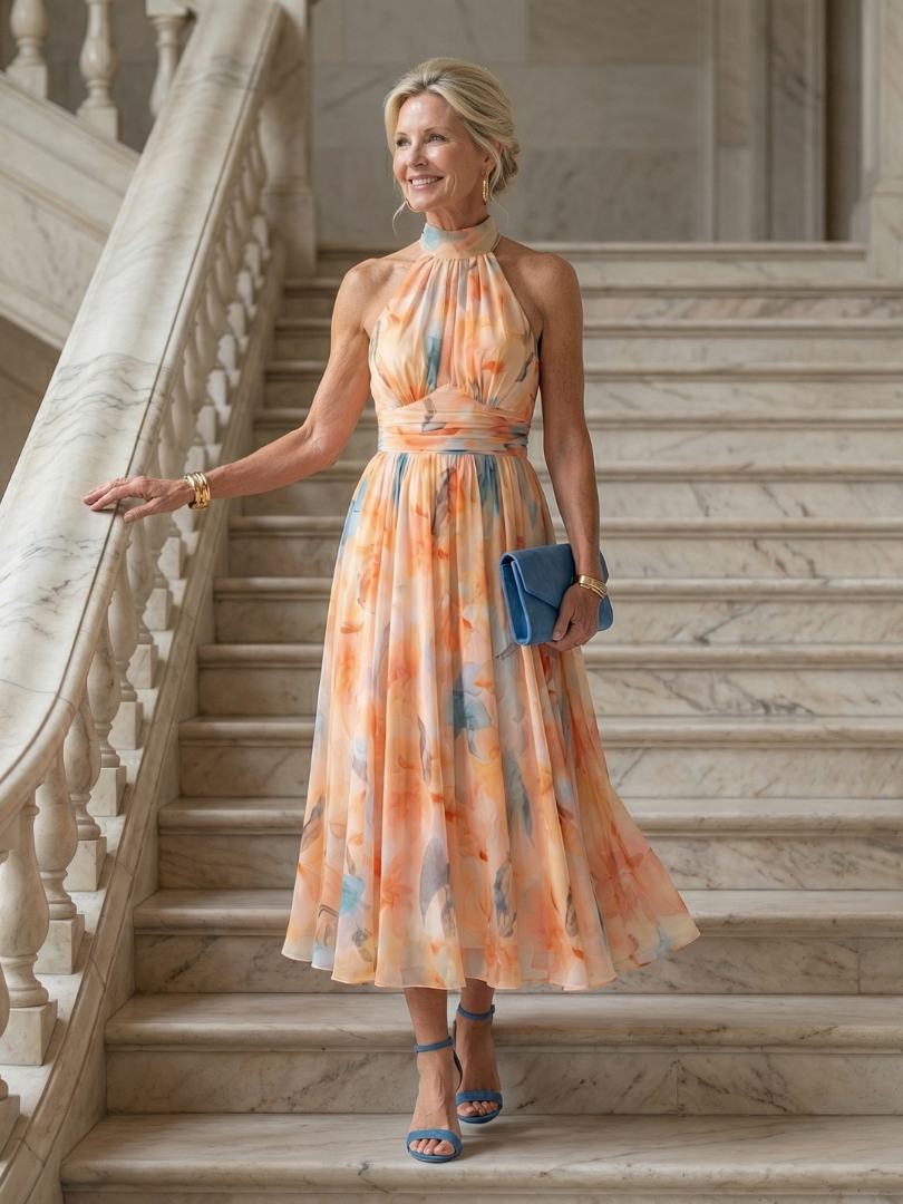 Elin | Soft Halter Three Quarter Midi Dress