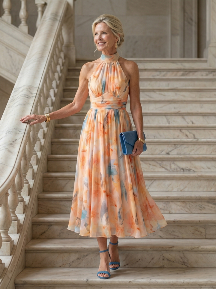 Elin | Soft Halter Three Quarter Midi Dress