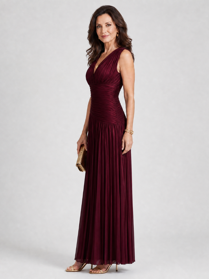 Lemar - Sleeveless Pleated V Neck Midi Dress | Elegant, Feminine, Flattering Midi Dress