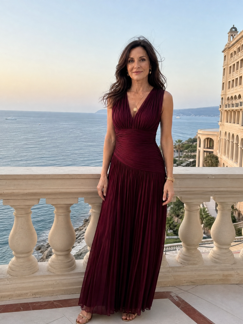 Lemar - Sleeveless Pleated V Neck Midi Dress | Elegant, Feminine, Flattering Midi Dress