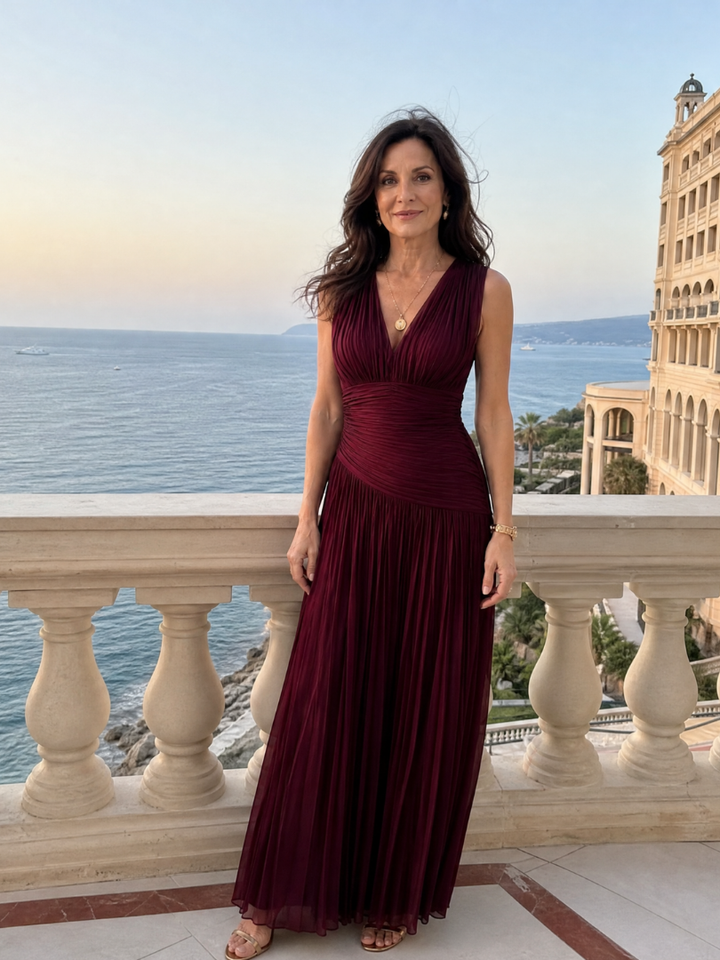 Lemar - Sleeveless Pleated V Neck Midi Dress | Elegant, Feminine, Flattering Midi Dress
