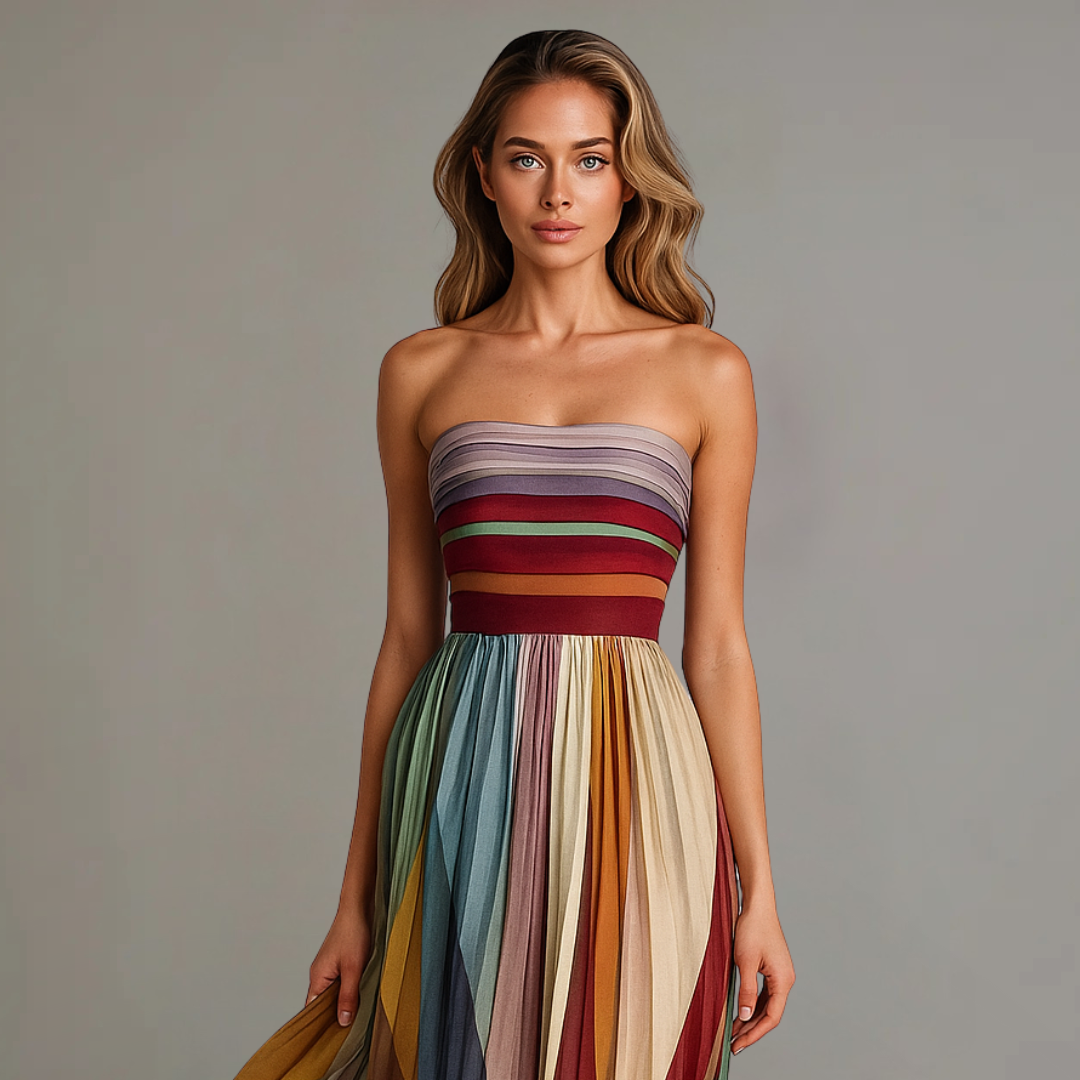 Amy's Wardrobe | Strapless Colorful Pleated Maxi Dress