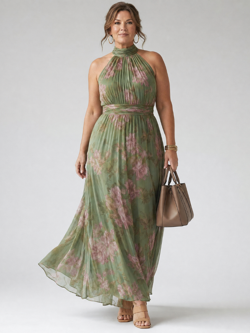 Mirelle | Gathered Halter Three Quarter Midi Dress