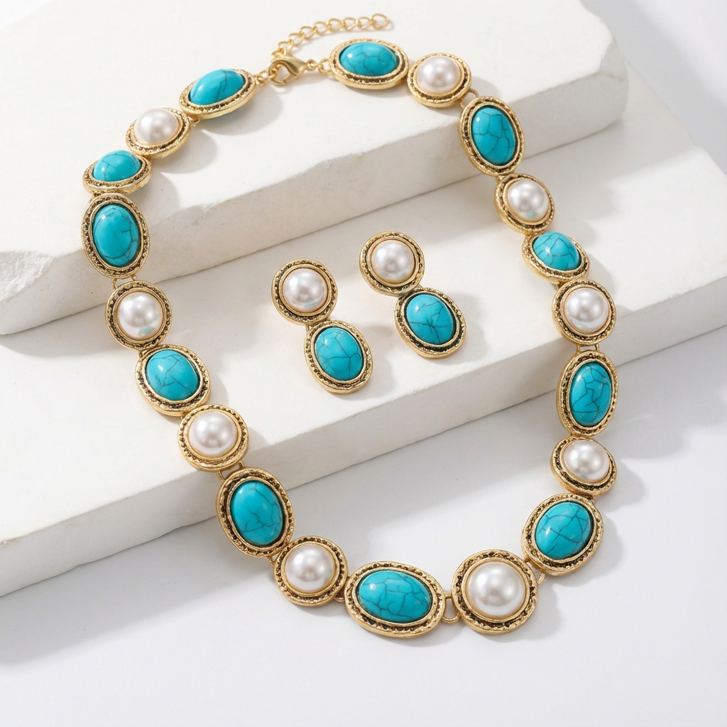 Antique Turquoise Pearl Set | Elegant Vintage Jewelry Set