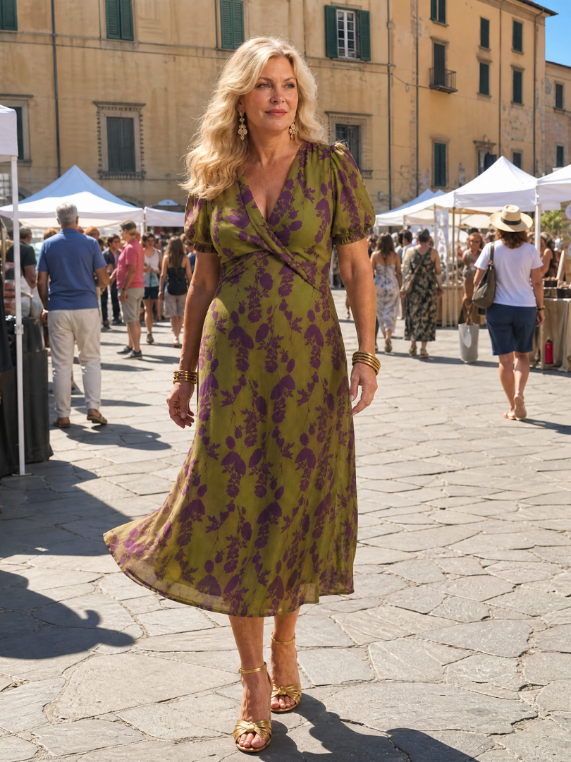 Virel Relaxed Floral Midi Dress - Floral Print, Relaxed Fit, Three Quarter Sleeve Midi Dress
