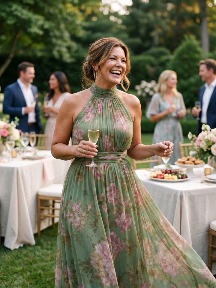 Mirelle | Gathered Halter Three Quarter Midi Dress