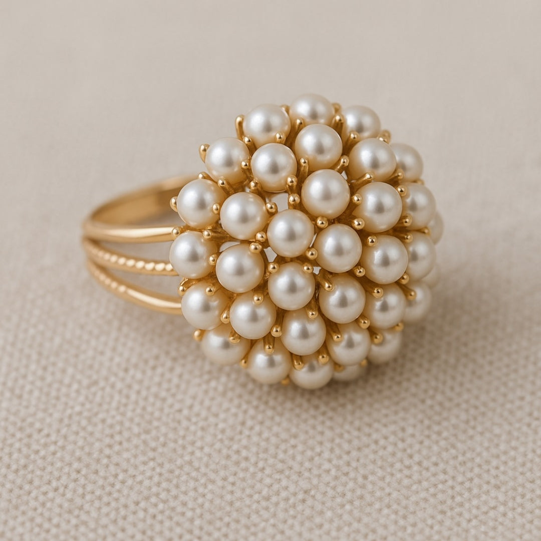 Elegant Inlaid Pearl Gold Ring | Unique Design, Statement Piece, Timeless Accessory