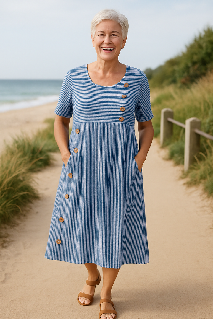 Brenna | Striped Three Quarter Sleeve Midi Dress
