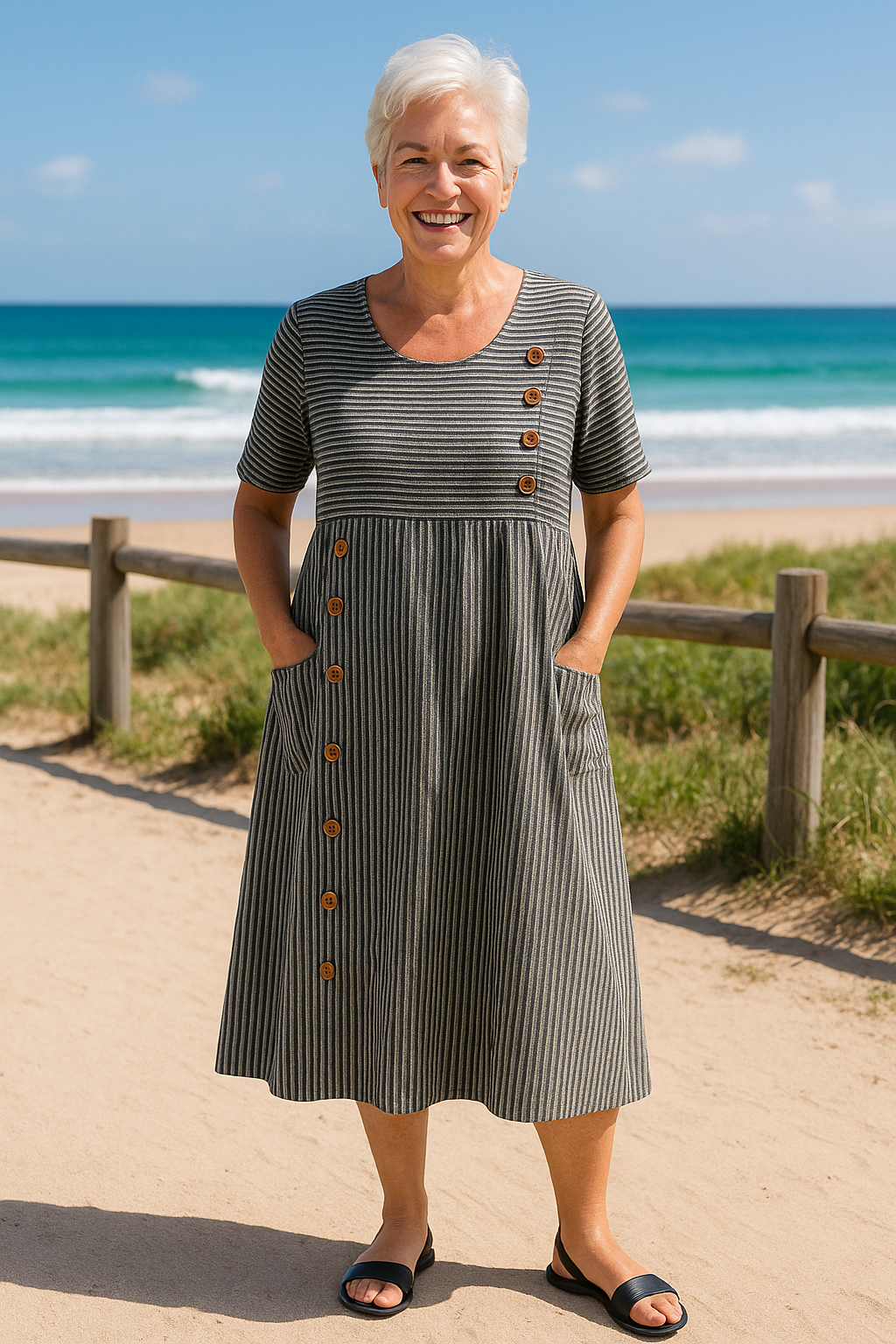 Brenna | Striped Three Quarter Sleeve Midi Dress