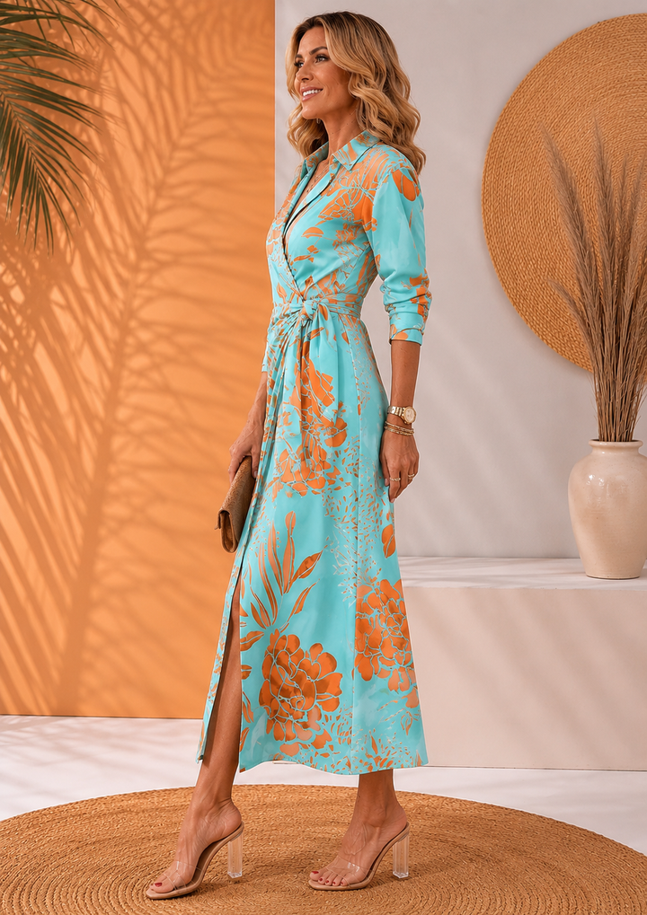 Olena | Floral Print Three Quarter Sleeve Maxi Dress