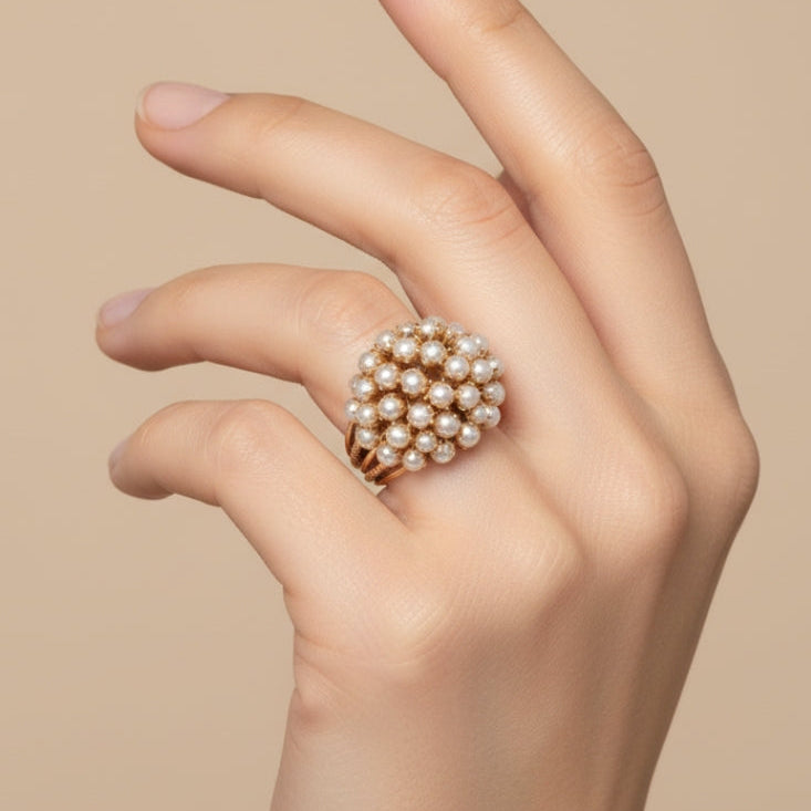 Elegant Inlaid Pearl Gold Ring | Unique Design, Statement Piece, Timeless Accessory