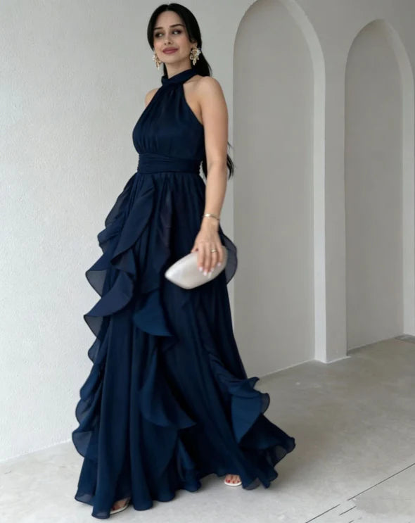 Orea High Neck Gathered Ruffle Layers Maxi Dress | Elegant Ruffle Layers, High Neck, Gathered Design Maxi Dress
