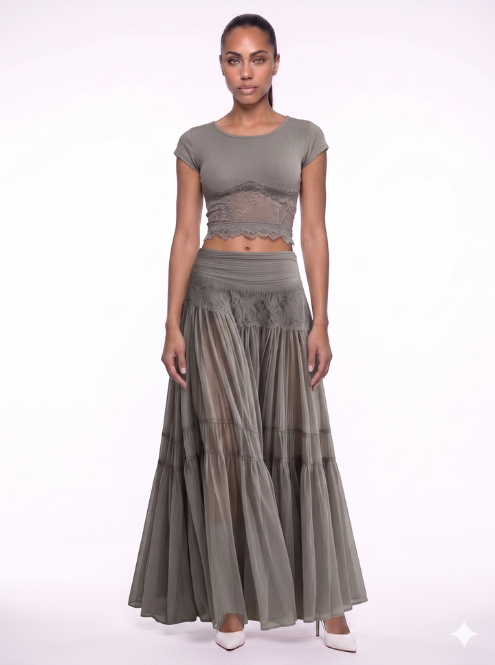 Amy's Wardrobe | Lace-Paneled Top and Pleated Maxi Skirt Ensemble