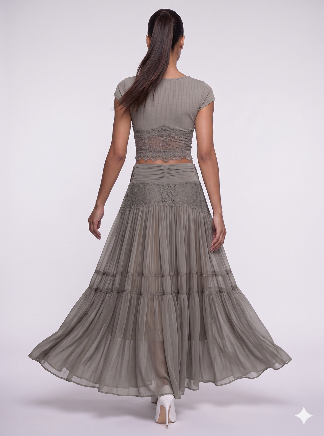Amy's Wardrobe | Lace-Paneled Top and Pleated Maxi Skirt Ensemble