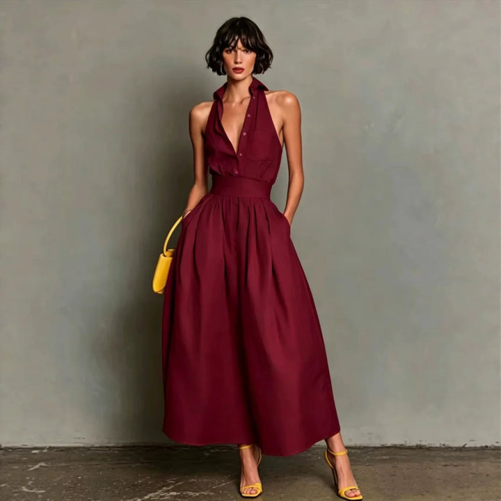 Josalyn - Floral Print Three Quarter Sleeve Maxi Dress