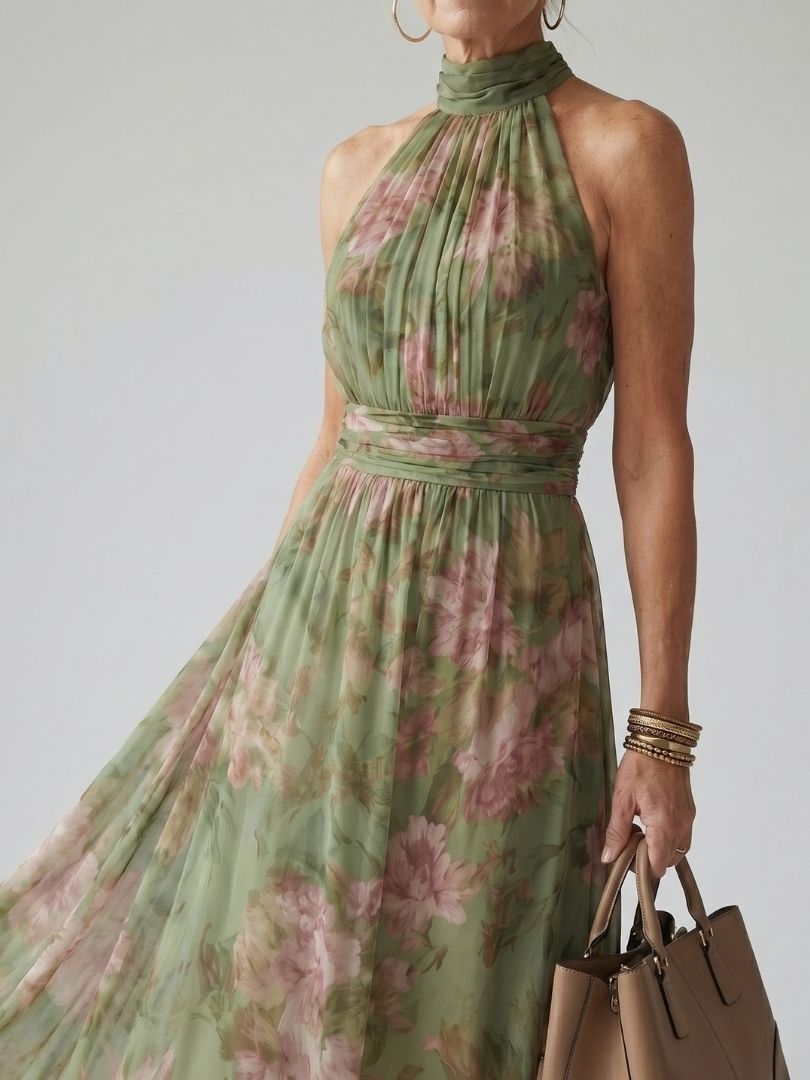 Mirelle | Gathered Halter Three Quarter Midi Dress