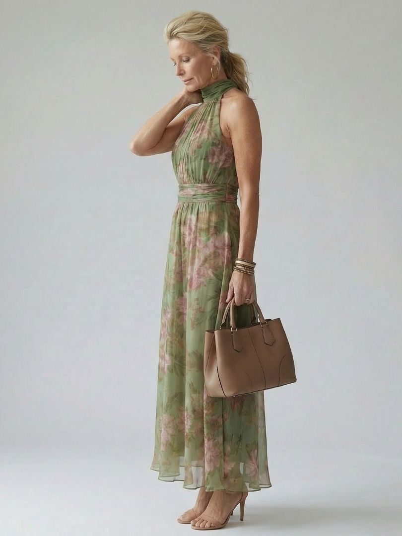 Mirelle | Gathered Halter Three Quarter Midi Dress