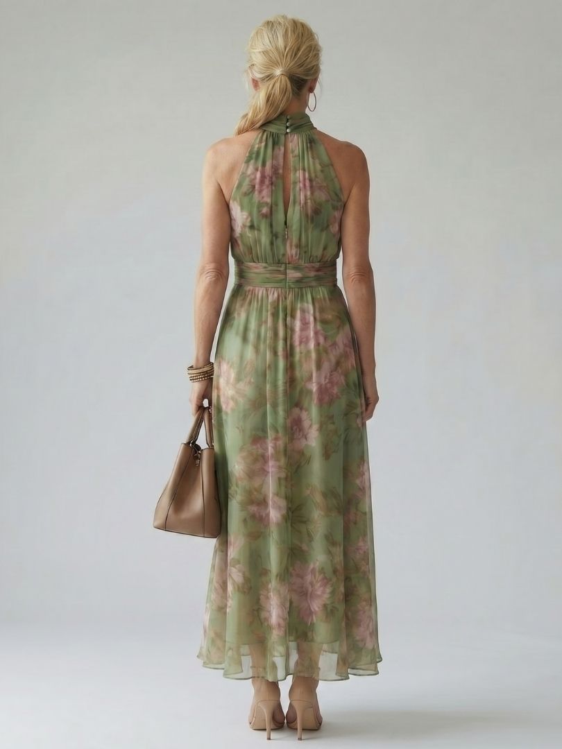 Mirelle | Gathered Halter Three Quarter Midi Dress
