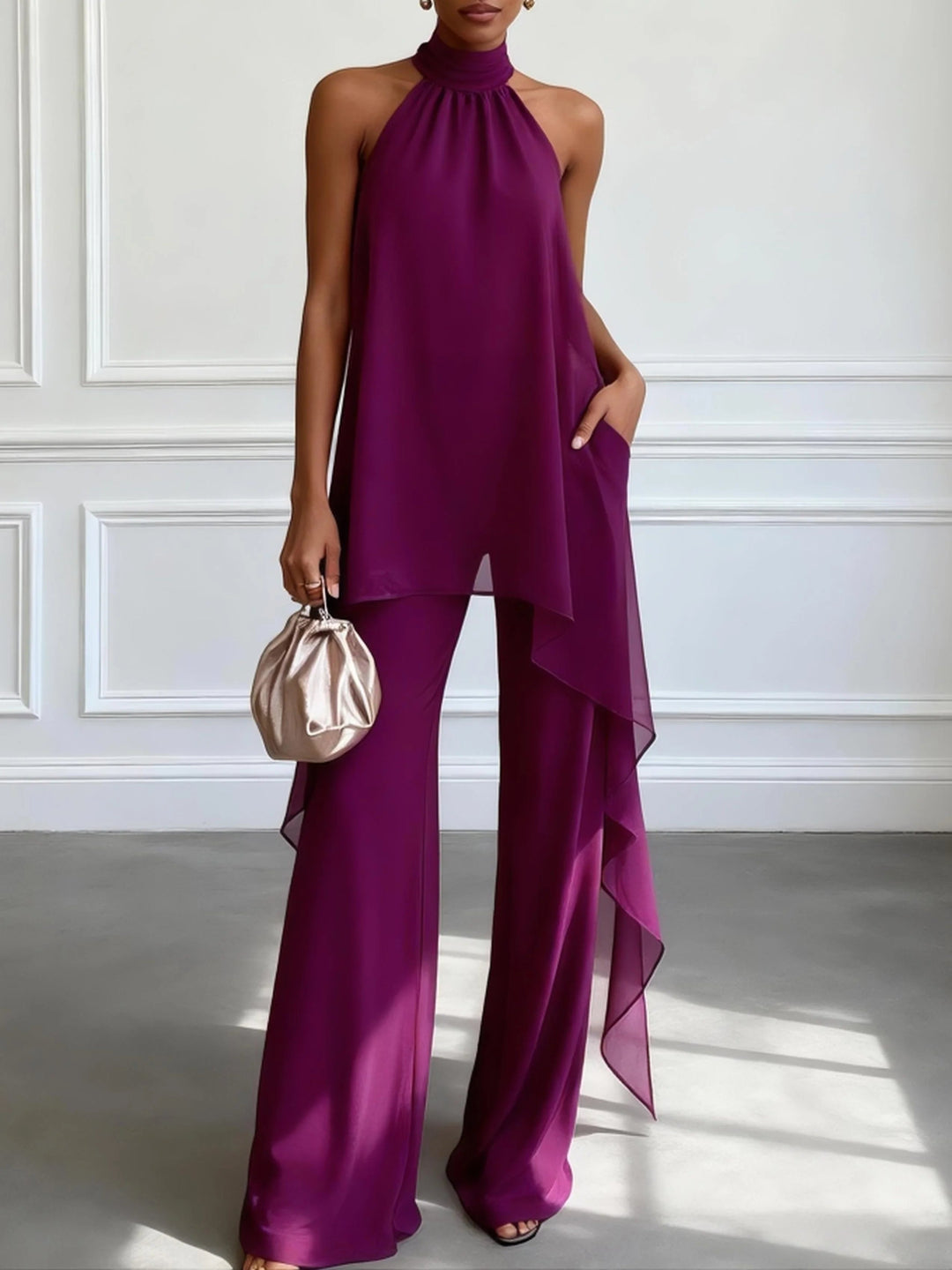 Penelope - Asymmetric Halter Elegant Two-Piece Set