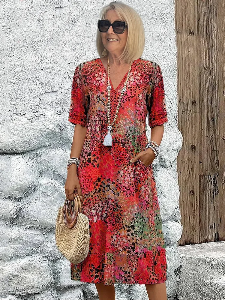 Amarie | Floral Print Three Quarter Sleeve Midi Dress