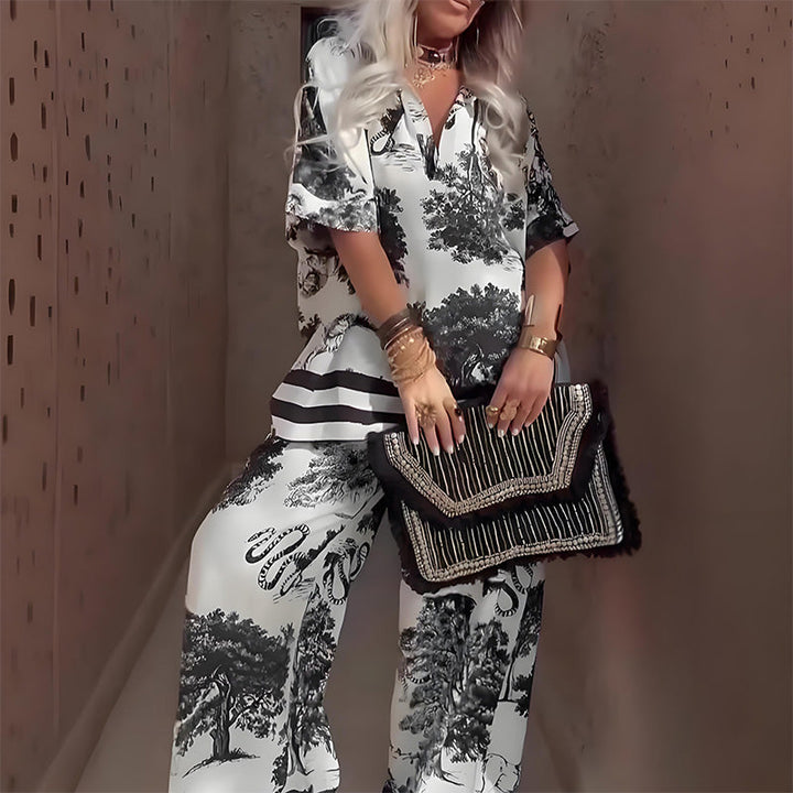 Linette | Printed V-Neck Long Pants